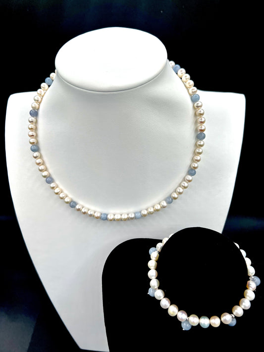 Freshwater Pearl & Aquamarine Necklace/Bracelet Set
